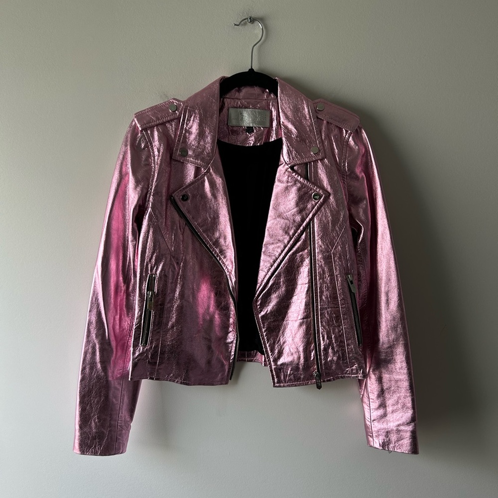 The Mighty Company pink metallic genuine leather moto style jacket